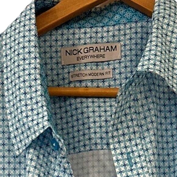 Nick Graham Blue Geometric Short Sleeve Button Shirt Mens XXL Stretch Modern Fit - Picture 2 of 5